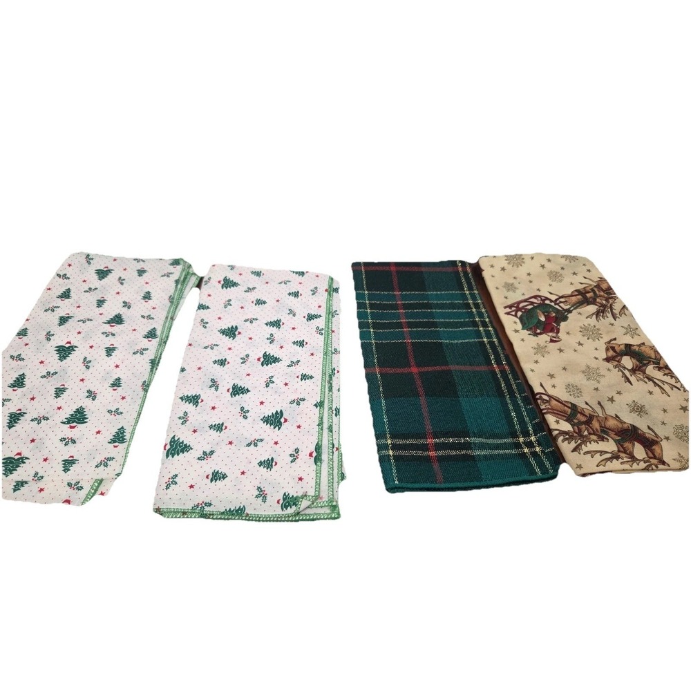 Vintage Christmas Cloth Napkins Set of 4 Santa Reindeer Plaid Tree Holiday Decor